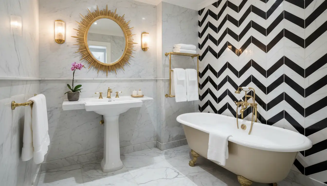 Styl art deco w aranżacji wnętrz – inspiracje i porady 4 Łazienka w stylu art deco z marmurową podłogą, mosiężną armaturą, geometrycznymi płytkami i eleganckim lustrem w złotej ramie