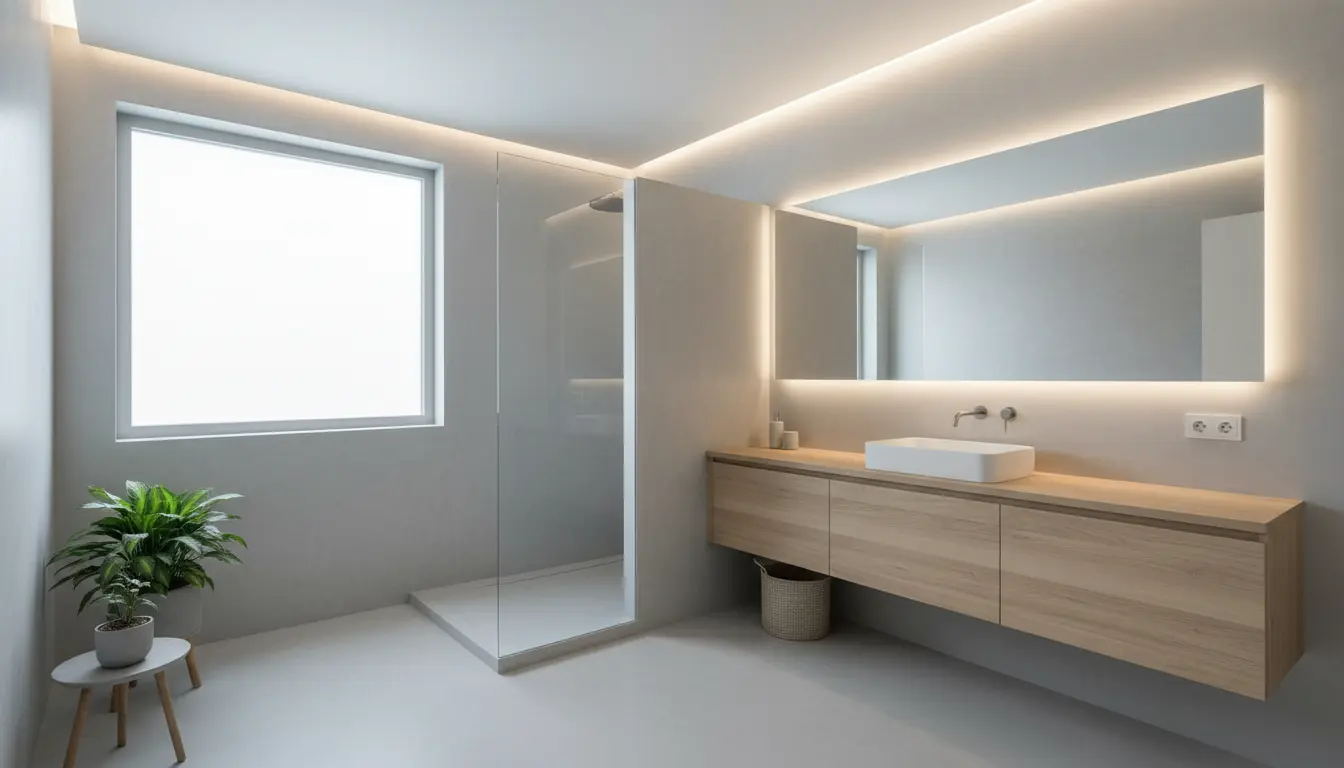 5 pomysłów na łazienkę bez płytek – alternatywne rozwiązania 2 Łazienka bez płytek z mikrocementem na ścianach - minimalistyczny design z gładkimi szarymi powierzchniami i drewnianą szafką