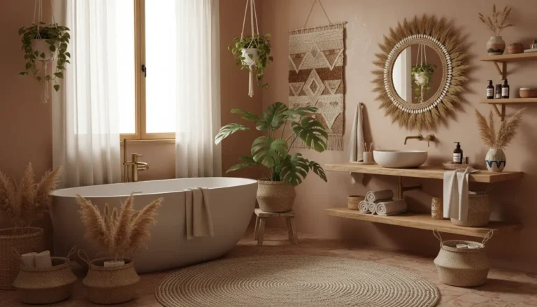 Łazienka w stylu boho z naturalnymi tkaninami lnianymi i jutowymi, wiklinowymi koszami rattanowymi, roślinami doniczkowymi monstera i paprociami – ciepła aranżacja w beżach i brązach