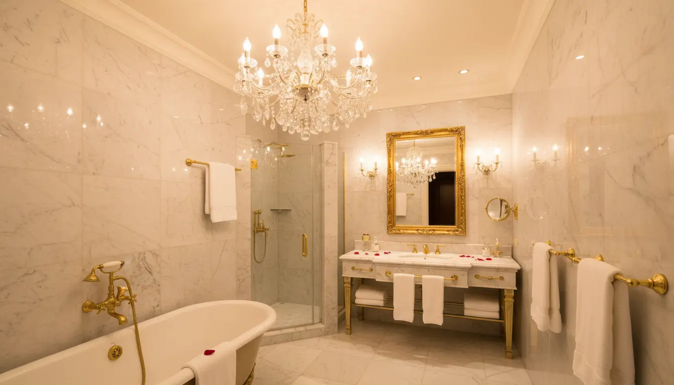 Kryształowy żyrandol w łazience glamour z jasną marmurową ścianą i złotą armaturą łazienkową
