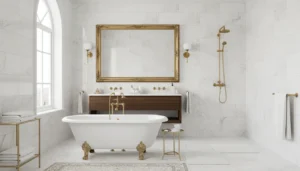 Elegancka łazienka w stylu nowojorskim z wolnostojącą wanną na ozdobnych nóżkach, białymi marmurowymi płytkami z żyłkowaniem i złotymi akcentami w arma turze