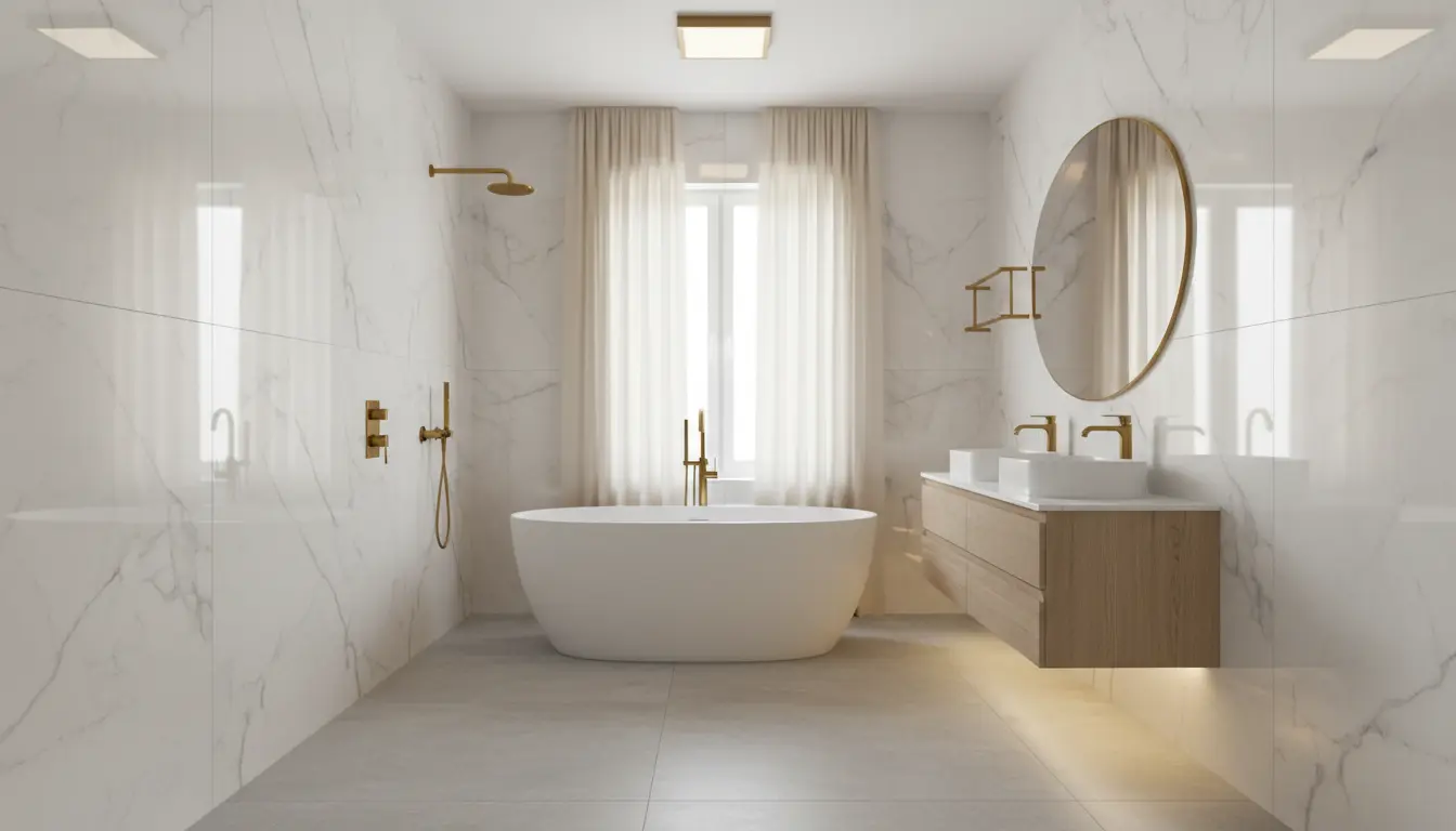 5 pomysłów na łazienkę bez płytek – alternatywne rozwiązania 4 Elegancka łazienka bez płytek z panelami ściennymi SPC imitującymi biały marmur ze złotą armaturą