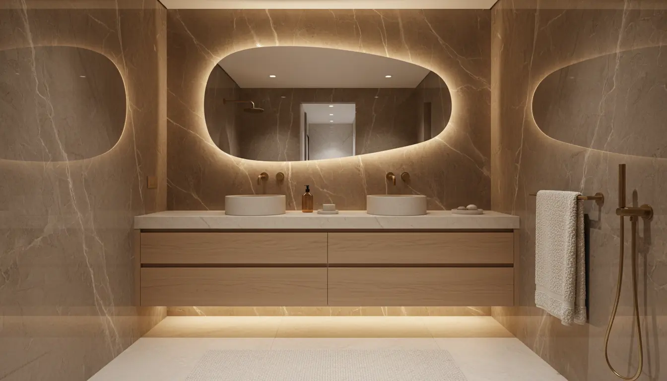 Łazienka w stylu Quiet Luxury 2025 - ciepłe kolory Mocha Mousse, naturalny marmur, szczotkowana złota armatura i organiczne kształty lustra