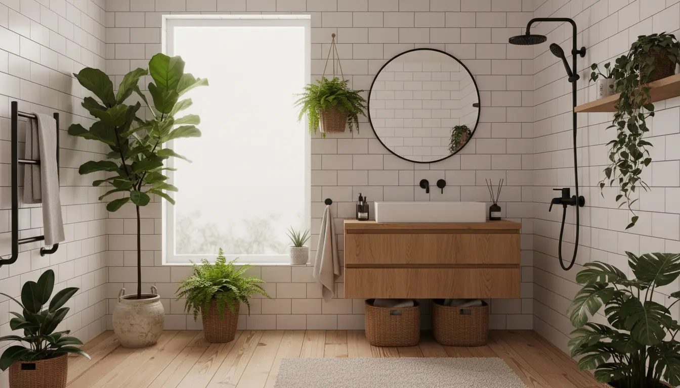 Łazienka skandynawska z czarną armaturą łazienkową i drewnianymi akcentami - jasne drewno, białe płytki, czarna bateria umywalkowa, rośliny doniczkowe, naturalne światło
