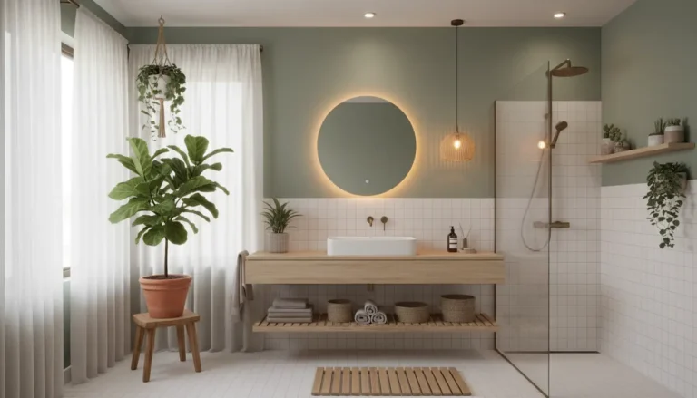 lazienka szalwiowa biale plytki drewno rosliny biophilic design