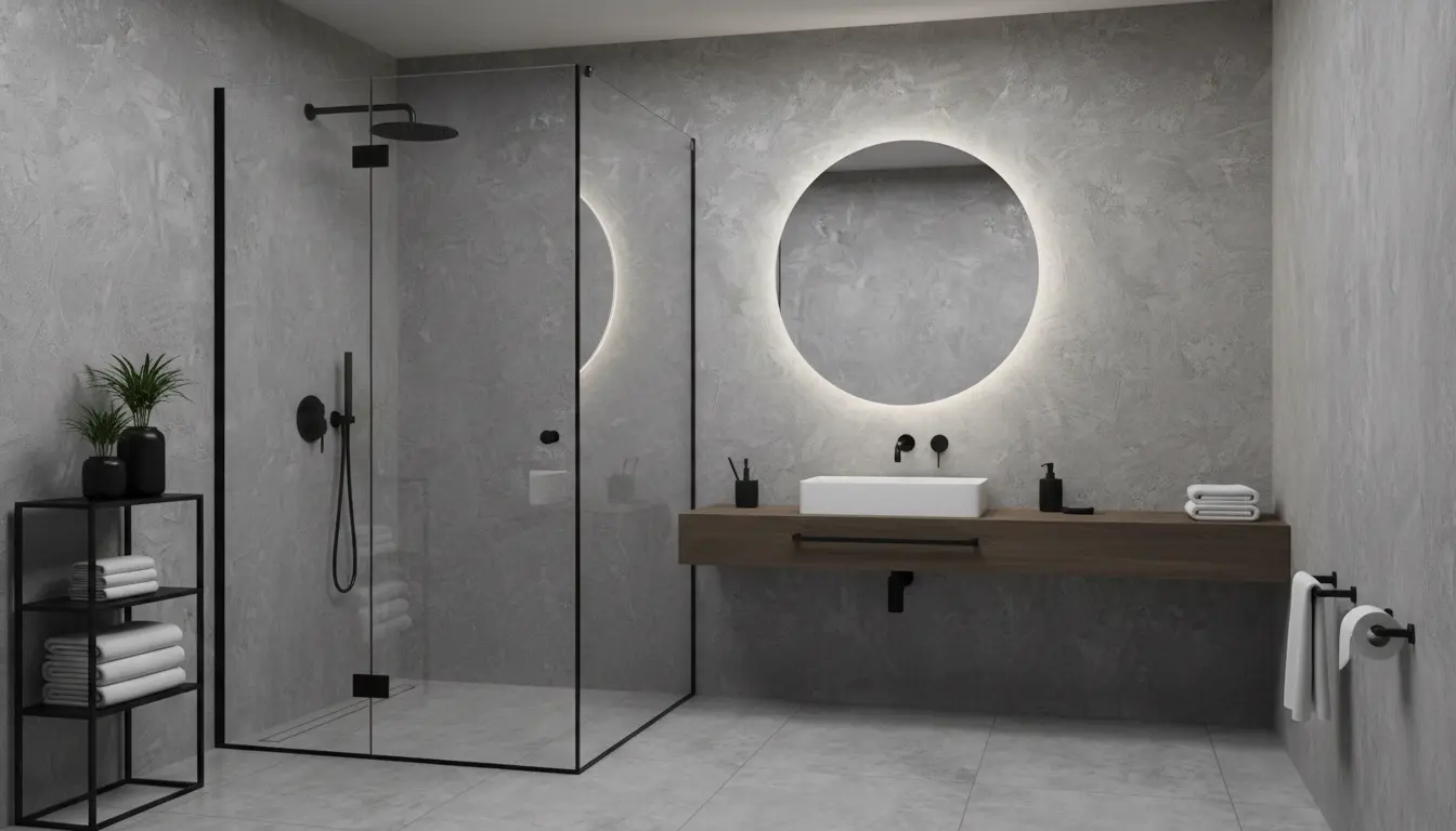 5 pomysłów na łazienkę bez płytek – alternatywne rozwiązania 3 Łazienka z tynkiem dekoracyjnym imitującym beton w stylu industrialnym z szklaną kabiną prysznicową i czarną armaturą