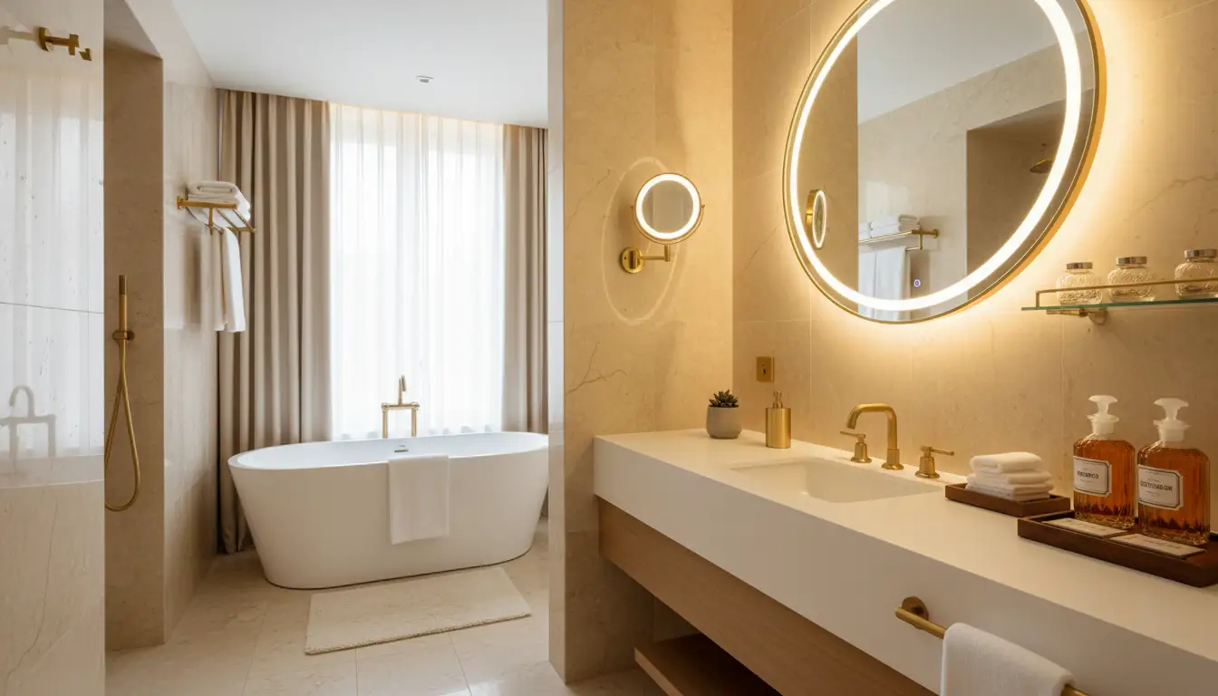 Jak zaaranżować łazienkę w stylu hotelowym i stworzyć domowe spa 2 Łazienka w stylu hotelowym z eleganckimi beżowymi marmurowymi ścianami, złotą armaturą i lustrem LED w ciepłych tonach