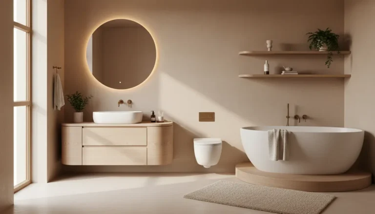 lazienka z miekkimi krzywiznami owalna umywalka okragle lustro wanna jajko feature