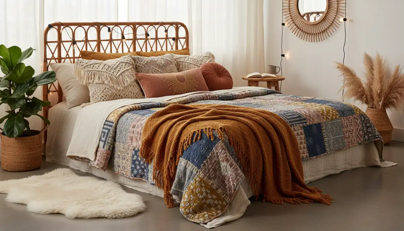 Łóżko w sypialni boho przykryte warstwowymi ciepłymi tkaninami – wełniane rzuty lniana pościel bawełniane koce kolorowe poduszki makrama