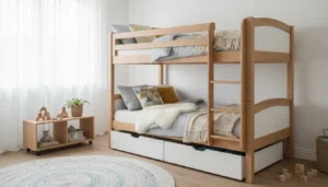 Nowoczesne łóżko piętrowe dla dziecka w stylu skandynawskim z naturalnymi drewnianymi elementami i białą konstrukcją w jasnym pokoju dziecięcym