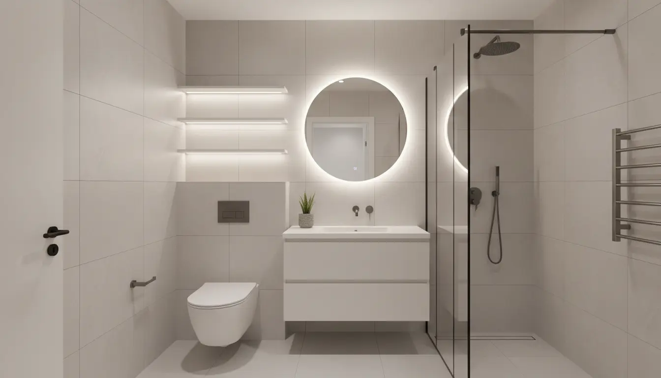 Nowoczesna łazienka w bloku z oświetleniem LED zintegrowanym w lustrze matowe płytki białe i beżowe inteligentne rozwiązania smart home trendy 2024 2025