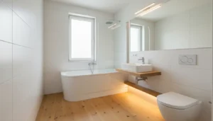 Nowoczesna mała łazienka z wanną asymetryczną białe płytki drewniane akcenty podwieszane WC minimalistyczny design