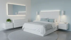 Mała sypialnia z dużym lustrem na ścianie i wielopoziomowym oświetleniem - kinkiety i LED za zagłówkiem