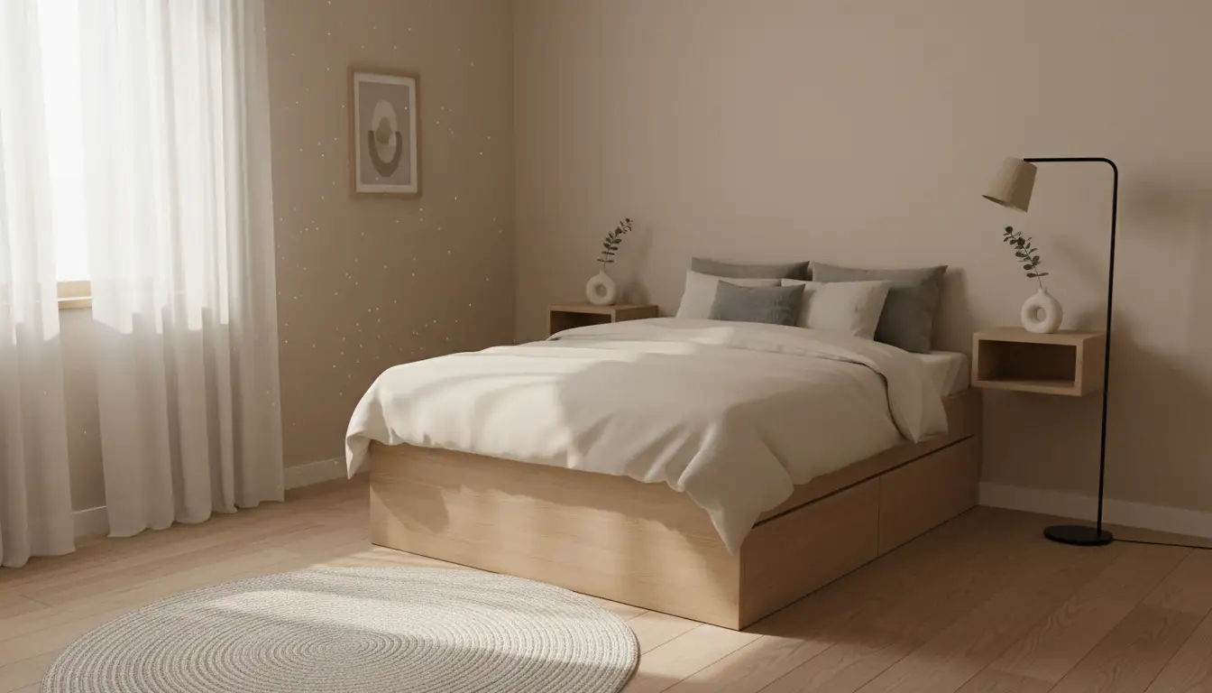 Mała sypialnia z łóżkiem z podnoszonym stelażem i wiszącymi szafkami nocnymi w jasnej kolorystyce