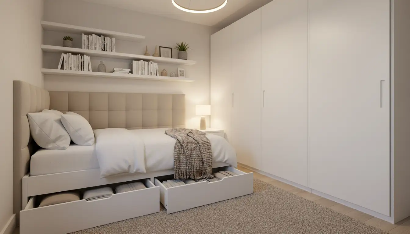 Sprytne rozwiązania do przechowywania w małej sypialni - półki ścienne, łóżko z szufladami i zamknięte szafy