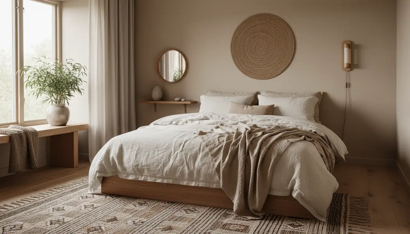 Stylowa mała sypialnia w skandynawskim stylu z lnianą pościelą, minimalistycznymi dekoracjami i rośliną doniczkową