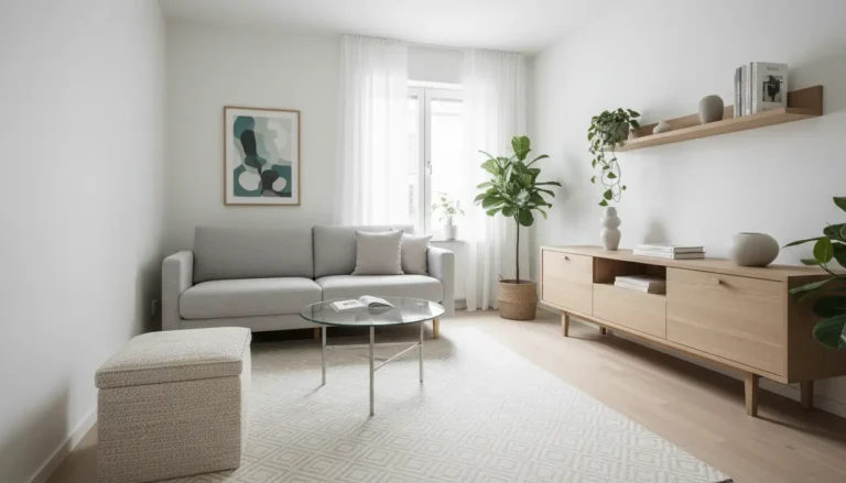 Funkcjonalne meble do małego salonu – kompaktowa sofa, przezroczysty stolik kawowy i jasne meble z drewna w minimalistycznym stylu