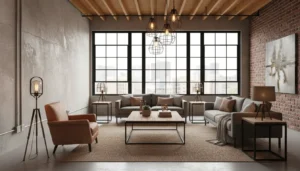 Meble industrialne do salonu w loftowej aranżacji z metalowym stolikiem kawowym skórzanym fotelem i betonową ścianą