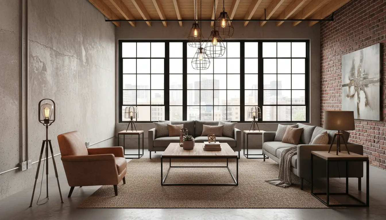 Meble industrialne do salonu w loftowej aranżacji z metalowym stolikiem kawowym skórzanym fotelem i betonową ścianą