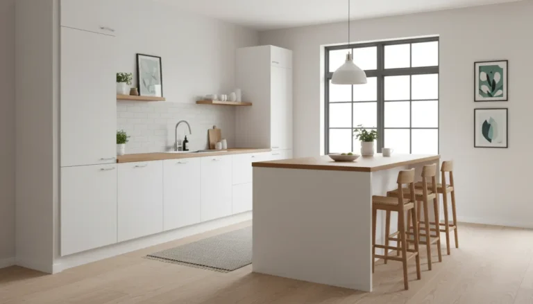 Meble kuchenne – ile kosztują i na co zwrócić uwagę przy zakupie 7 Nowoczesna kuchnia z białymi meblami i drewnianym blatem w stylu skandynawskim – funkcjonalna zabudowa na wymiar 2026