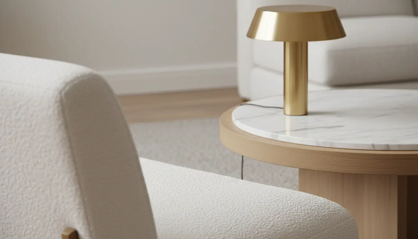 Detale nowoczesnego salonu z fotelem w tkaninie boucle, drewnianym stolikiem kawowym z marmurowym blatem i mosiężną lampą