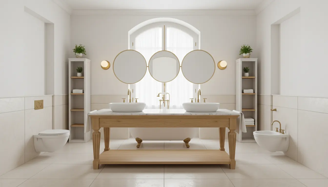 Nowoczesna łazienka w stylu french modern z jasnymi płytkami, złotą armaturą, drewnianą szafką na rzeźbionych nogach i symetrycznym układem mebli - minimalizm z klasą