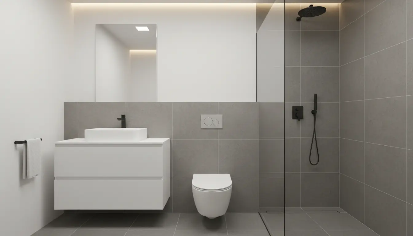 Stelaż podtynkowy do WC – ile kosztuje 2 Nowoczesna łazienka z białą miską WC podwieszoną na stelażu podtynkowym - minimalistyczne wnętrze z szarymi płytkami i ukrytymi instalacjami sanitarnymi