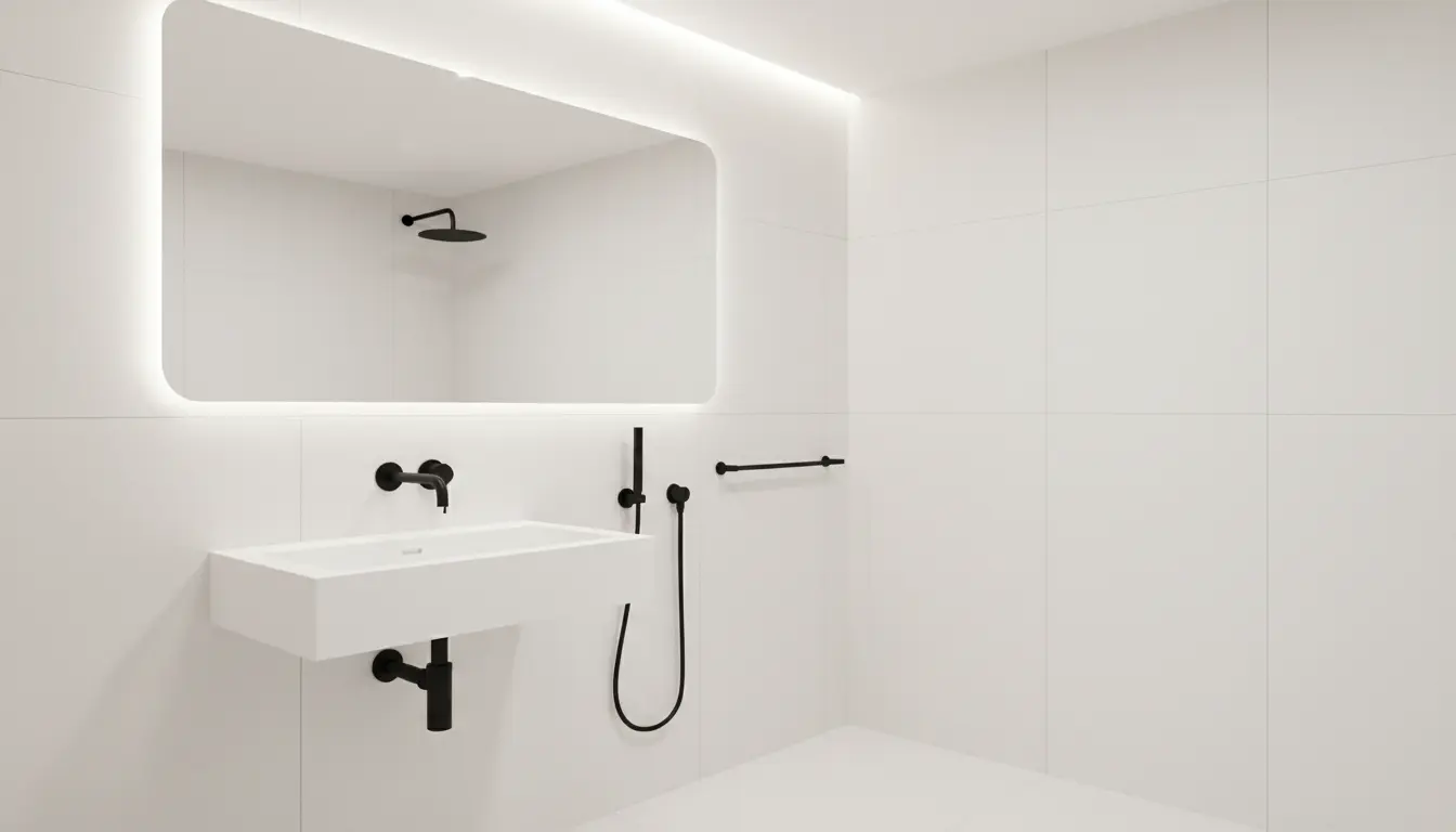 Nowoczesna łazienka z czarną armaturą łazienkową na białym tle - minimalistyczna umywalka z czarną baterią umywalkową, czarny prysznic ręczny, duże lustro, białe płytki gresowe, jasne oświetlenie LED