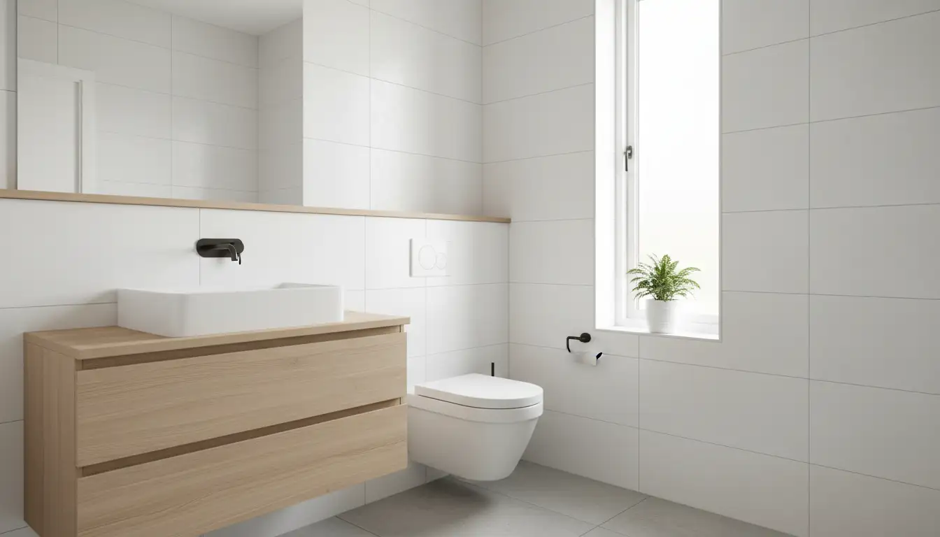 Wybór toalety – kluczowe kryteria i praktyczne porady 2 Nowoczesna toaleta podwieszana rimless w jasnej łazience z drewnianymi akcentami i białymi płytkami – wybór toalety do minimalistycznego wnętrza