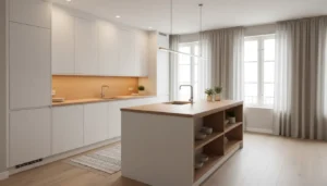 Nowoczesny projekt kuchni z wyspą i drewnianymi akcentami w jasnej przestronnej aranżacji ze skandynawskim stylem