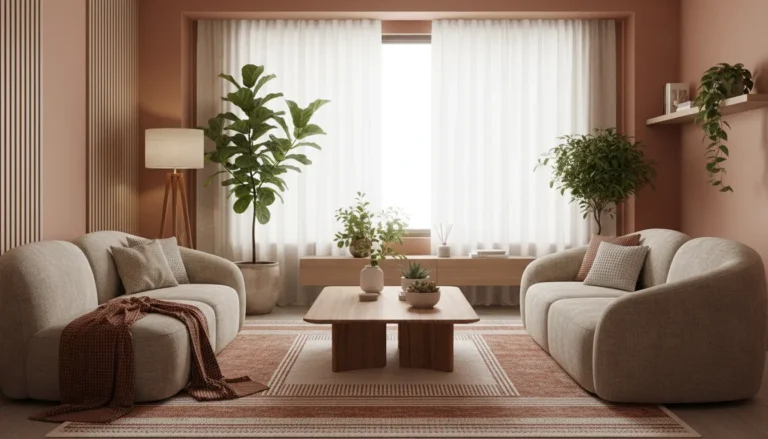 Salon w ciepłych kolorach – jak dobrać odcienie i dodatki 4 Nowoczesny salon w ciepłych kolorach terracotta i taupe z drewnianymi meblami, roślinami doniczkowymi i przytulną atmosferą - aranżacja 2026