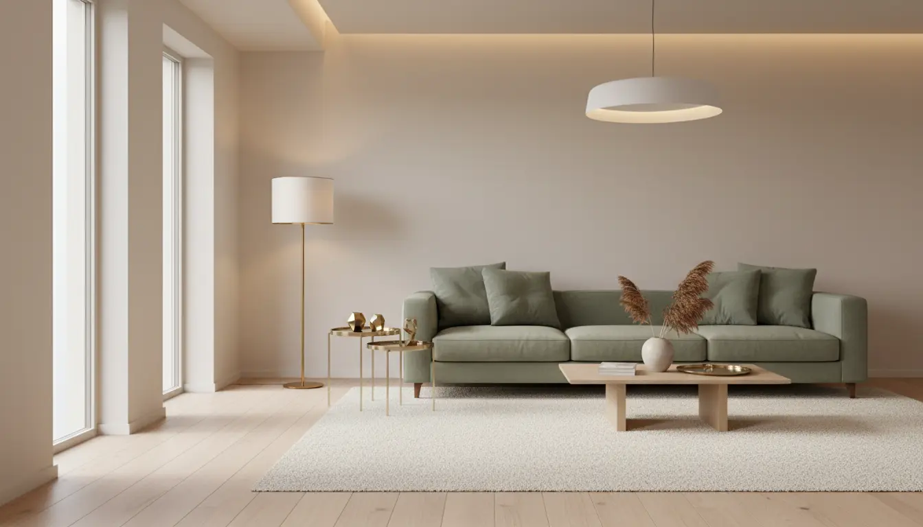 Salon w stylu nowoczesnym z beżowymi ścianami, szałwiową sofą i złotymi akcentami w lampie podłogowej tworzącymi ciepłą aranżację