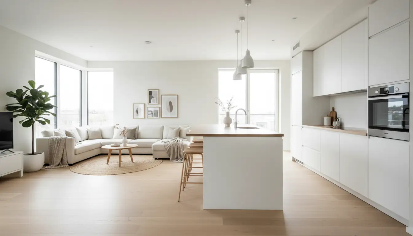 Nowoczesny salon z aneksem kuchennym w jasnych barwach z wyspą kuchenną oddzielającą strefę gotowania od wypoczynku w stylu skandynawskim