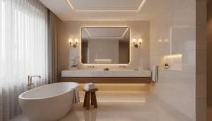 Eleganckie oświetlenie łazienkowe z lampami sufitowymi i kinkietami ściennymi w ciepłej atmosferze - idealny projekt światła do nowoczesnej łazienki