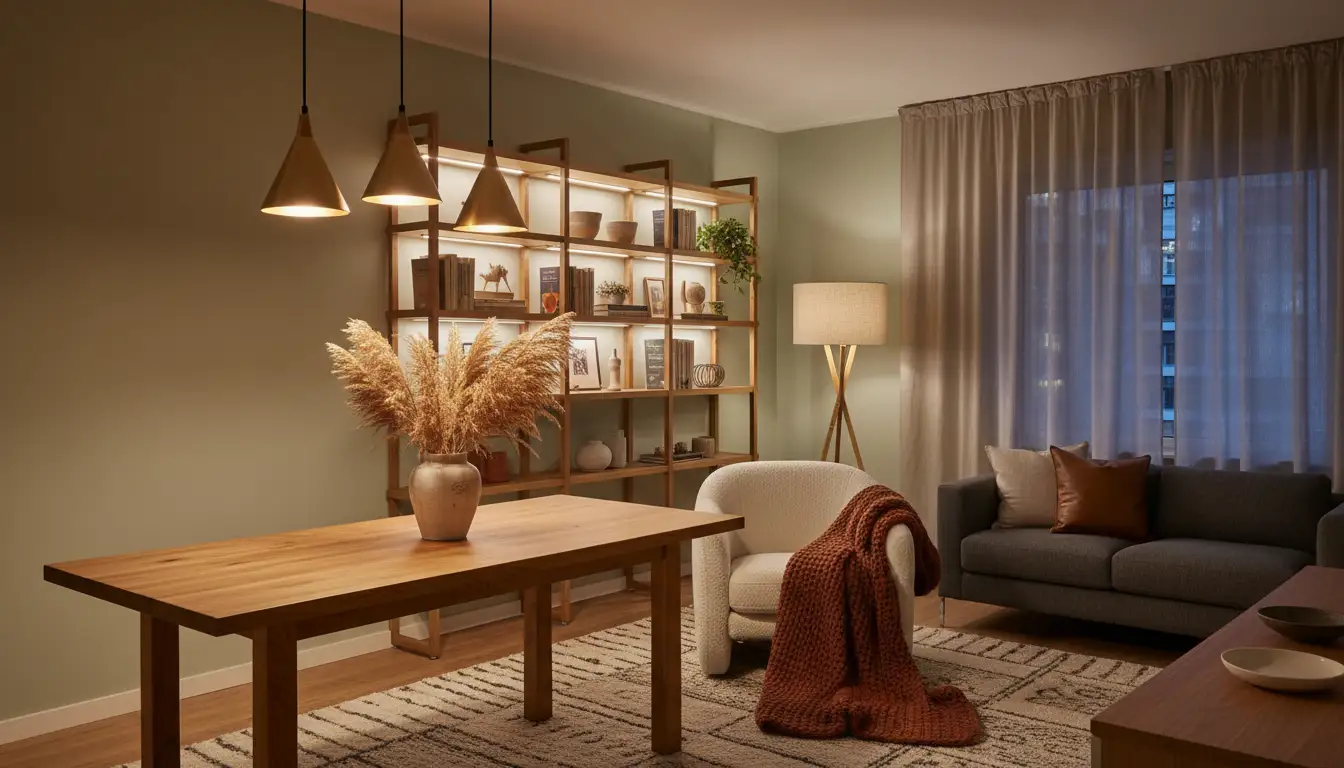 Oświetlenie warstwowe w salonie z wiszącą lampą nad stołem lampą stojącą przy fotelu i taśmami LED pod półkami