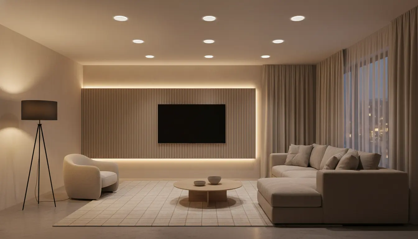 Oświetlenie warstwowe w salonie w stylu nowoczesnym z paskami LED za panelem telewizyjnym i ciepłym białym światłem