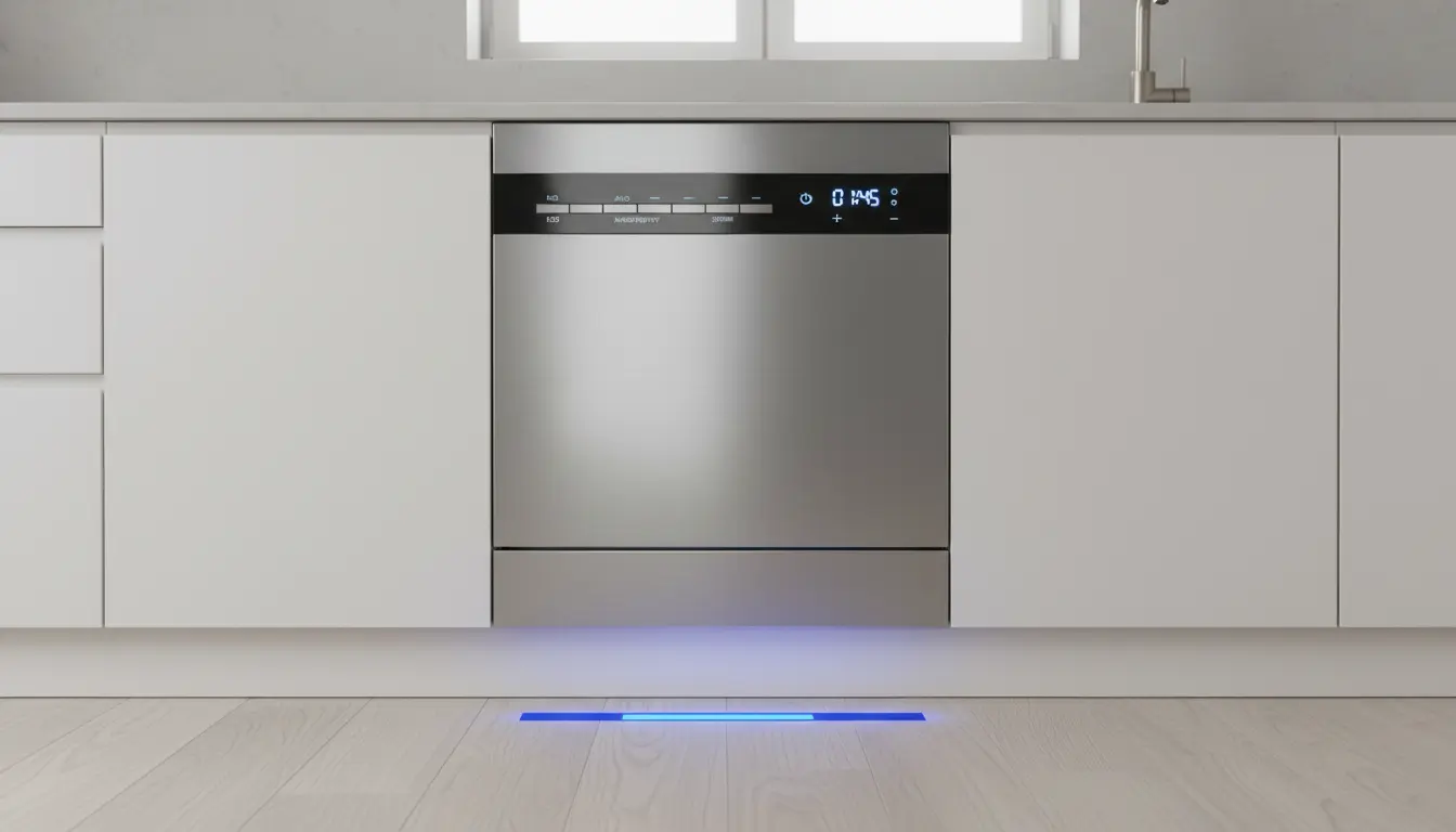 Panel sterowania zmywarki do zabudowy z przyciskami programów Eco Auto Intensywny Szybki, wyświetlacz LED i oświetlenie TimeLight na podłodze