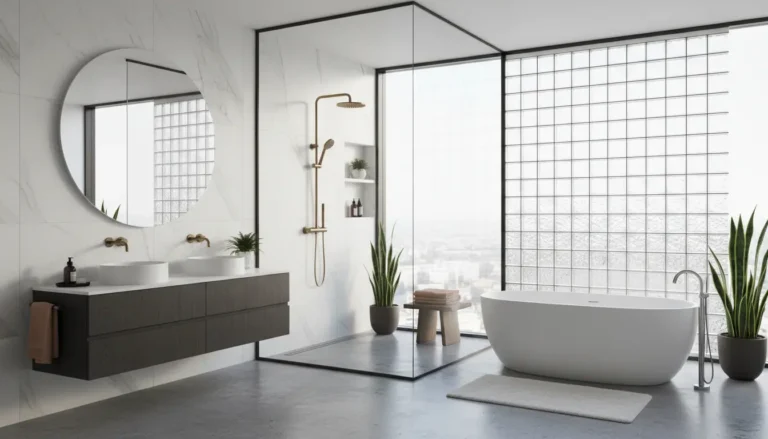 Panele szklane i luksfery łazienka - nowoczesna aranżacja z transparentnymi pustakami szklanymi i eleganckim panelem z grafiką, światło naturalne, profesjonalny design wnętrz