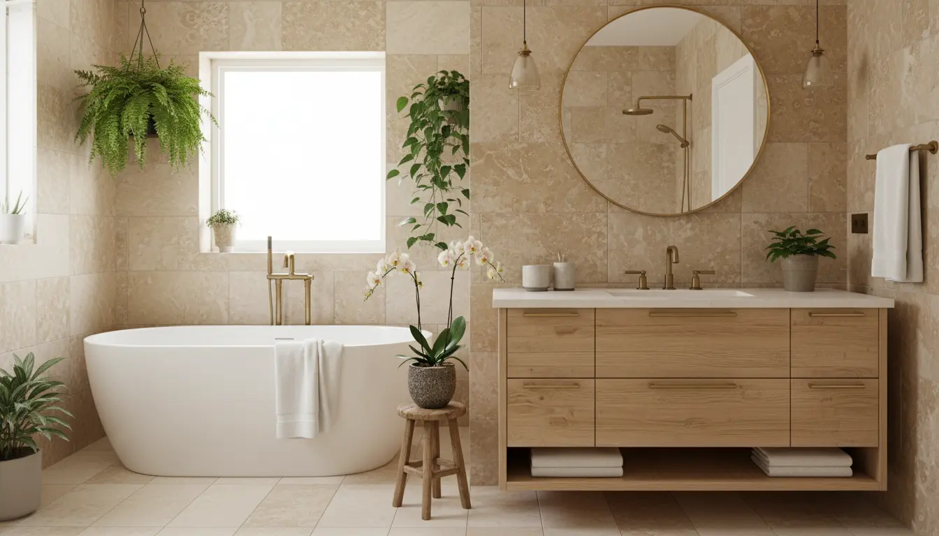 Ściana łazienkowa wykończona kolorowymi płytkami ceramicznymi cegiełkami w ciemnej zieleni i burgundy z geometrycznymi wzorami i mosiężnymi akcentami