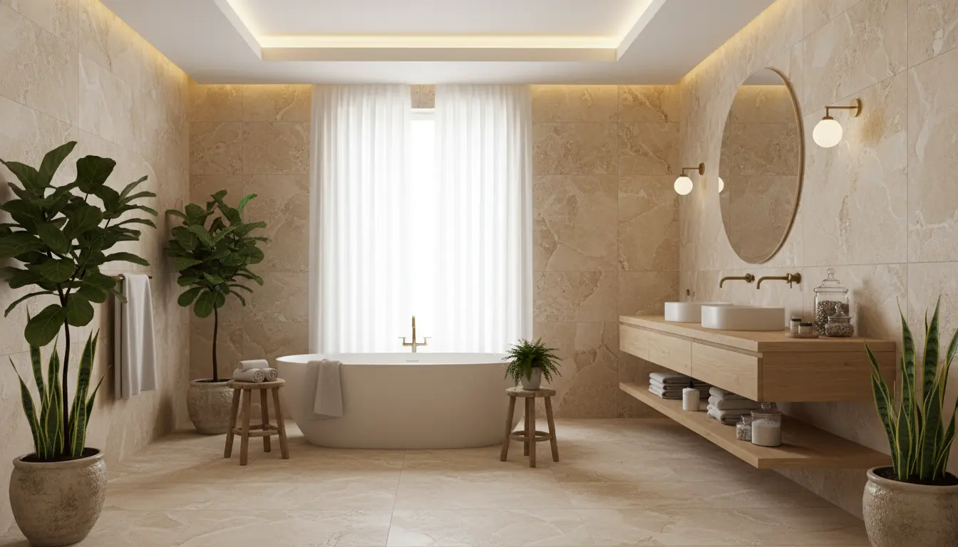 Elegancka łazienka z płytkami wielkoformatowymi imitującymi naturalny wapień w ciepłych beżowych tonach, widoczna naturalna tekstura kamienia, drewniane akcenty i zielone rośliny