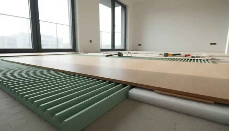 Podkład podłogowy wyciszenie podczas montażu w nowoczesnym mieszkaniu - przekrój warstw podłogi z panelami laminowanymi i materiałem izolacyjnym akustycznym