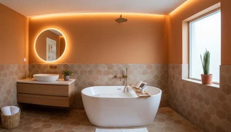 Pomarańczowa łazienka z terakotowymi płytkami, białą wanną i ciepłym oświetleniem - nowoczesna aranżacja w stylu skandynawskim 2024