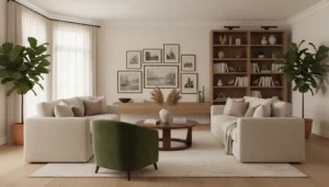 Elegancki ponadczasowy salon z szmaragdowym fotelem galerią na ścianie roślinami i ciepłą aranżacją w neutralnych barwach