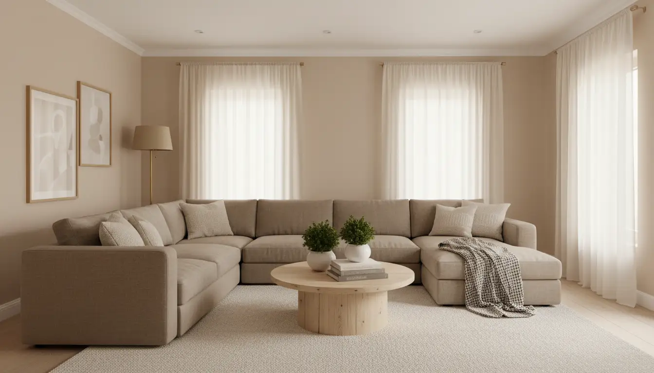 Ponadczasowy salon z neutralną paletą kolorów w ciepłych beżach z drewnianym stolikiem kawowym i lnianymi zasłonami