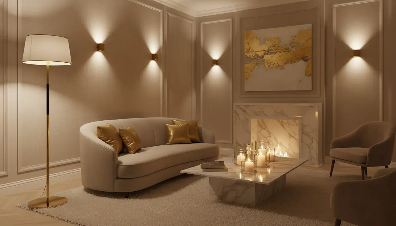 Ponadczasowy salon z oświetleniem warstwowym designerska lampa podłogowa kinkiety i świece tworzące nastrojowy klimat