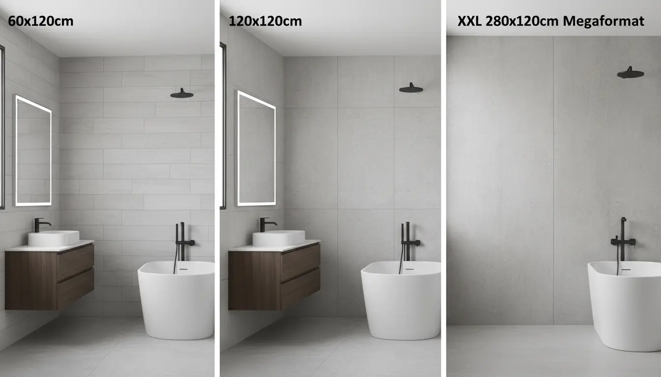 Porównanie różnych rozmiarów płytek wielkoformatowych w łazience - format 60x120 cm, 120x120 cm i megaformat XXL 280x120 cm na ścianie, nowoczesne minimalistyczne wnętrze