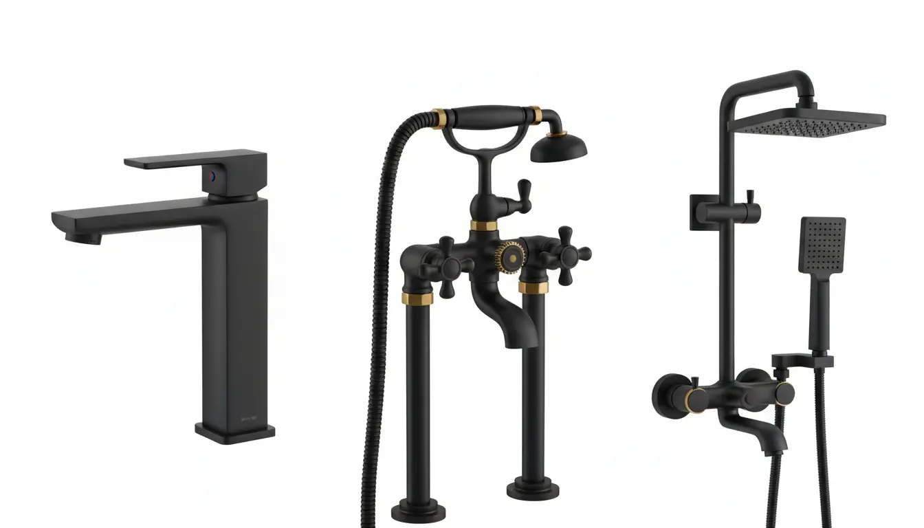 Porównanie różnych stylów czarnej armatury łazienkowej - minimalistyczne baterie几何czne formy, designerskie kolekcje z ozdobnymi elementami, nowoczesne zestawy prysznicowe