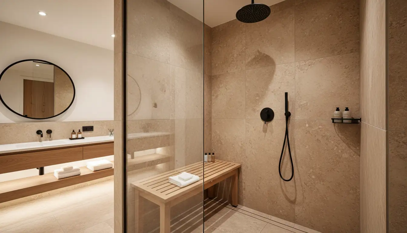 Jak zaaranżować łazienkę w stylu hotelowym i stworzyć domowe spa 3 Nowoczesny prysznic walk-in z deszczownicą i szklaną ścianką w domowym spa z beżowymi kamiennymi płytkami i drewnianymi akcentami