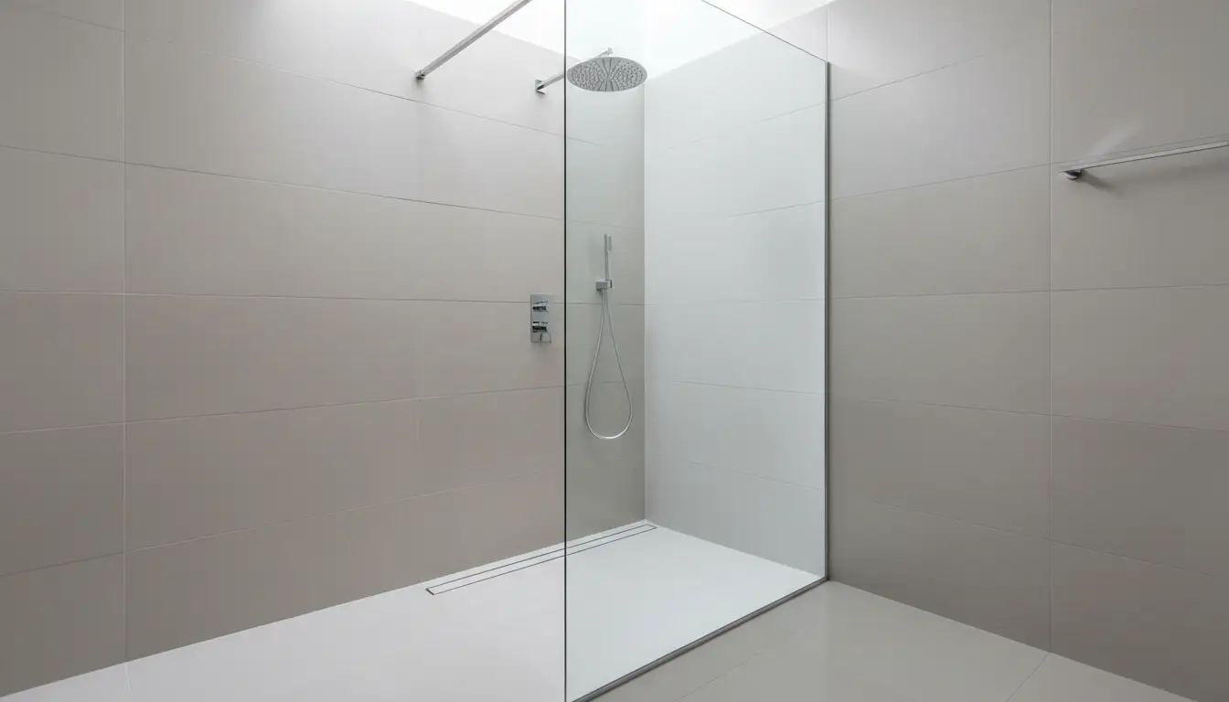 Nowoczesny prysznic walk-in ze szklaną ścianką i odpływem liniowym w małej łazience z jasnymi płytkami