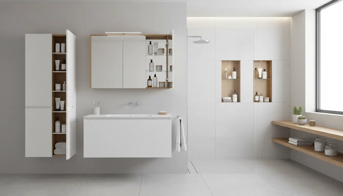 Sprytne przechowywanie w funkcjonalnej łazience - wysoki słupek łazienkowy, szafka lustrzana z ukrytymi półkami i wbudowane nisze ścienne na kosmetyki